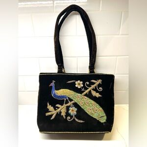 Embroidered Peacock dark chocolate/ black Velvet shoulder bag purse tote style